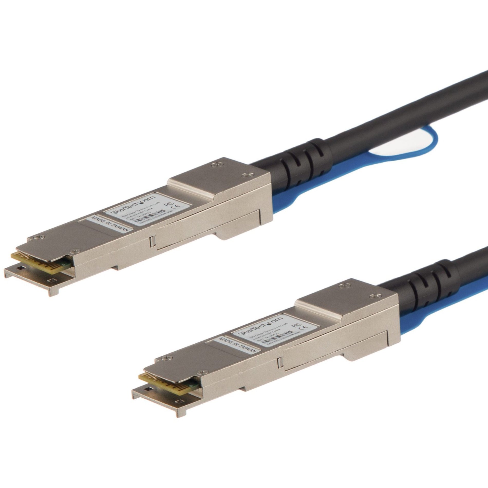 Close-up view of StarTech.com QSFP+ direct attach cable connectors showing metal housing and cable construction-alternate-image1