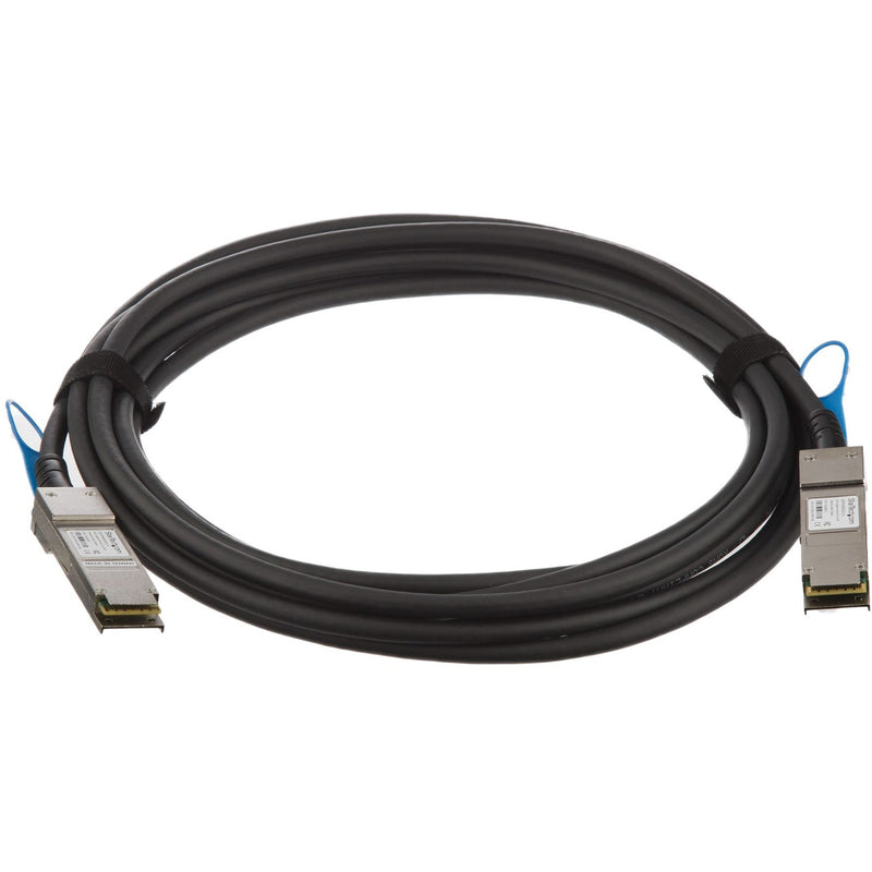 Full length view of StarTech.com 5-meter QSFP+ direct attach cable showing coiled configuration and both connectors