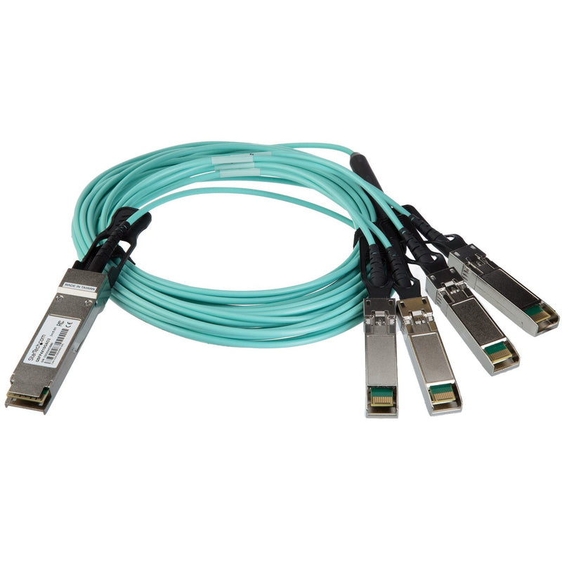 Full length view of StarTech.com 3-meter aqua QSFP+ to 4x SFP+ breakout cable showing flexible routing and connector arrangement