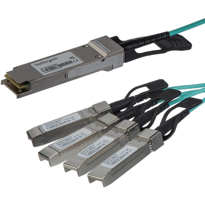 Close-up view of StarTech.com QSFP+ to 4x SFP+ breakout cable connectors showing metal housing and fiber optic interfaces