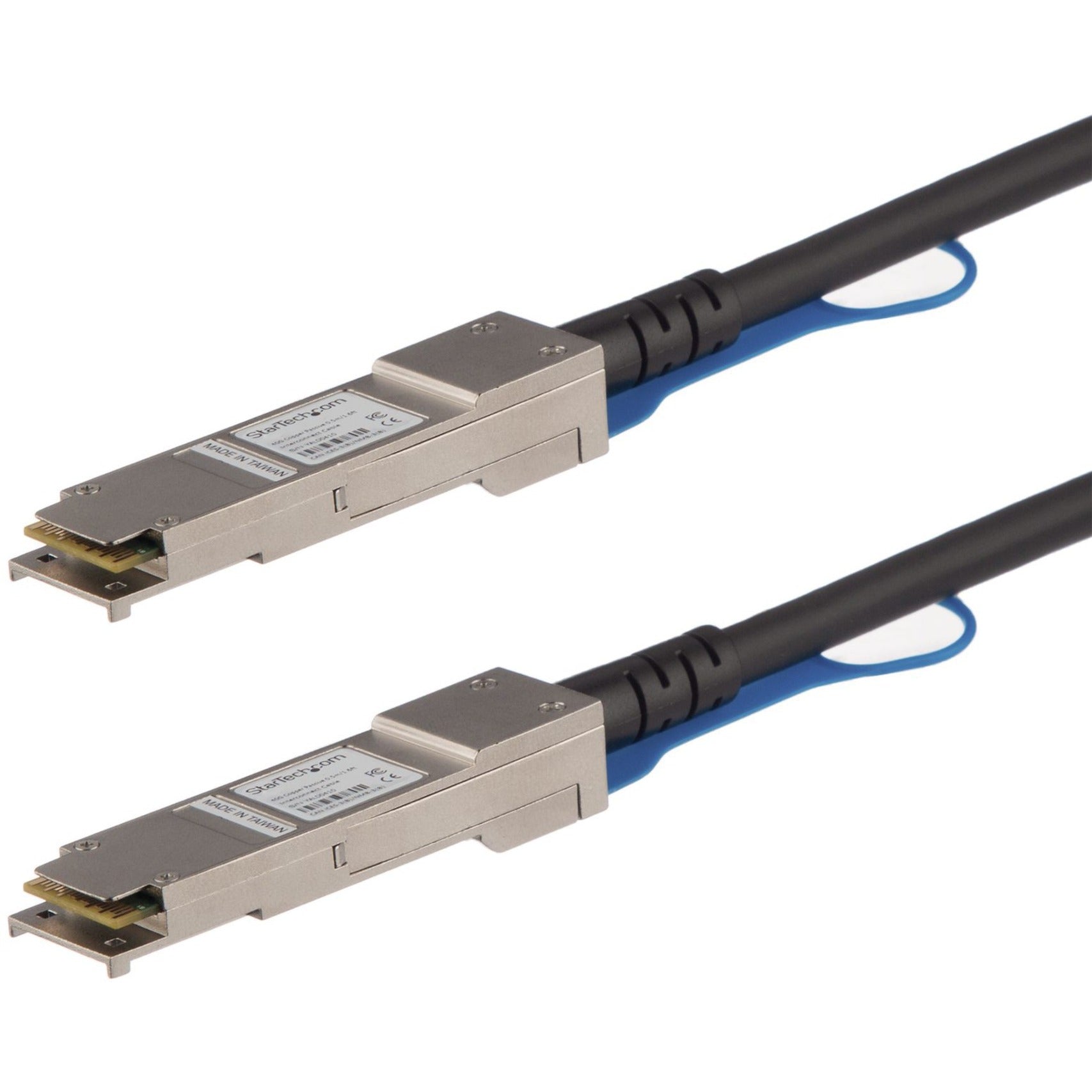 Close-up view of StarTech.com QSFP+ cable connectors showing metal housing and construction details-alternate-image1