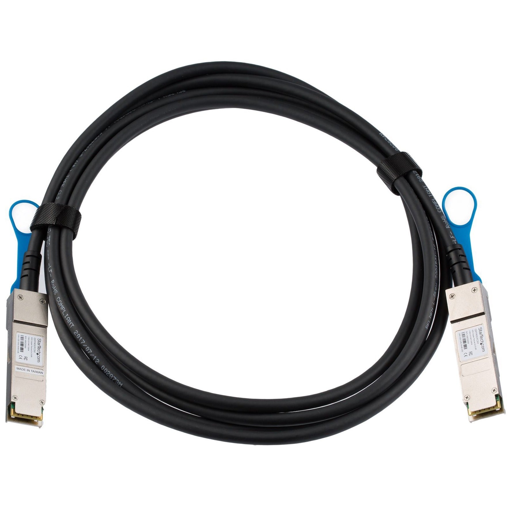 Full length view of 3-meter StarTech.com QSFP+ cable showing coiled design and both connectors-alternate-image2