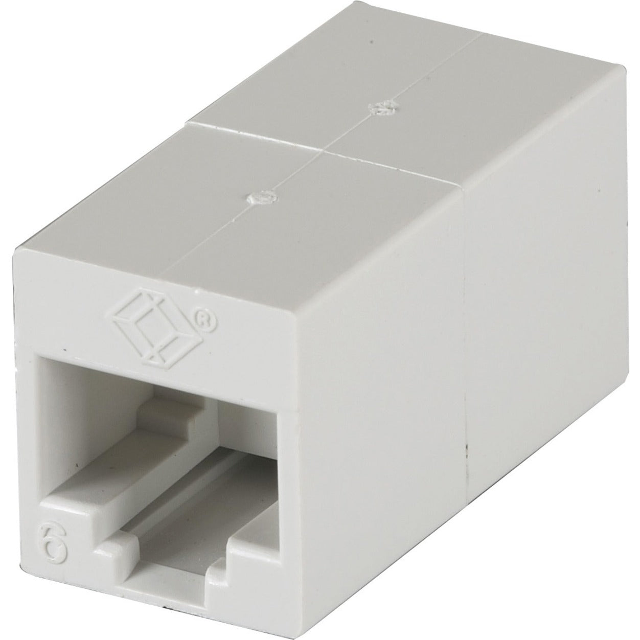 White Black Box FM606 CAT6 unshielded network coupler with dual RJ-45 female ports shown in angular view-alternate-image1