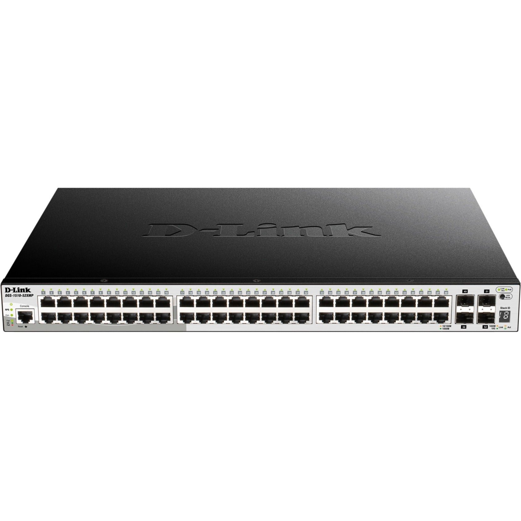 Front view of D-Link DGS-1510-52X switch showing 48 Gigabit ports and 4 SFP+ slots with LED indicators-alternate-image1