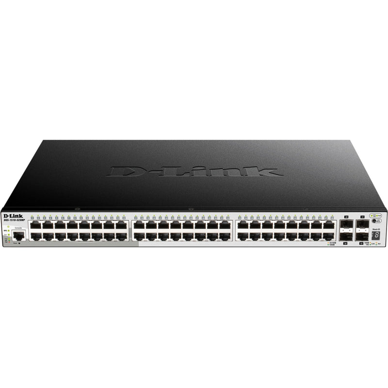 Front view of D-Link DGS-1510-52X switch showing 48 Gigabit ports and 4 SFP+ slots with LED indicators