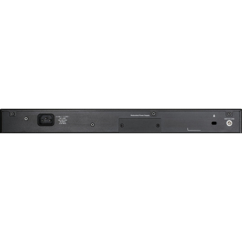 Rear view of D-Link DGS-1510-52X switch showing power input and management ports