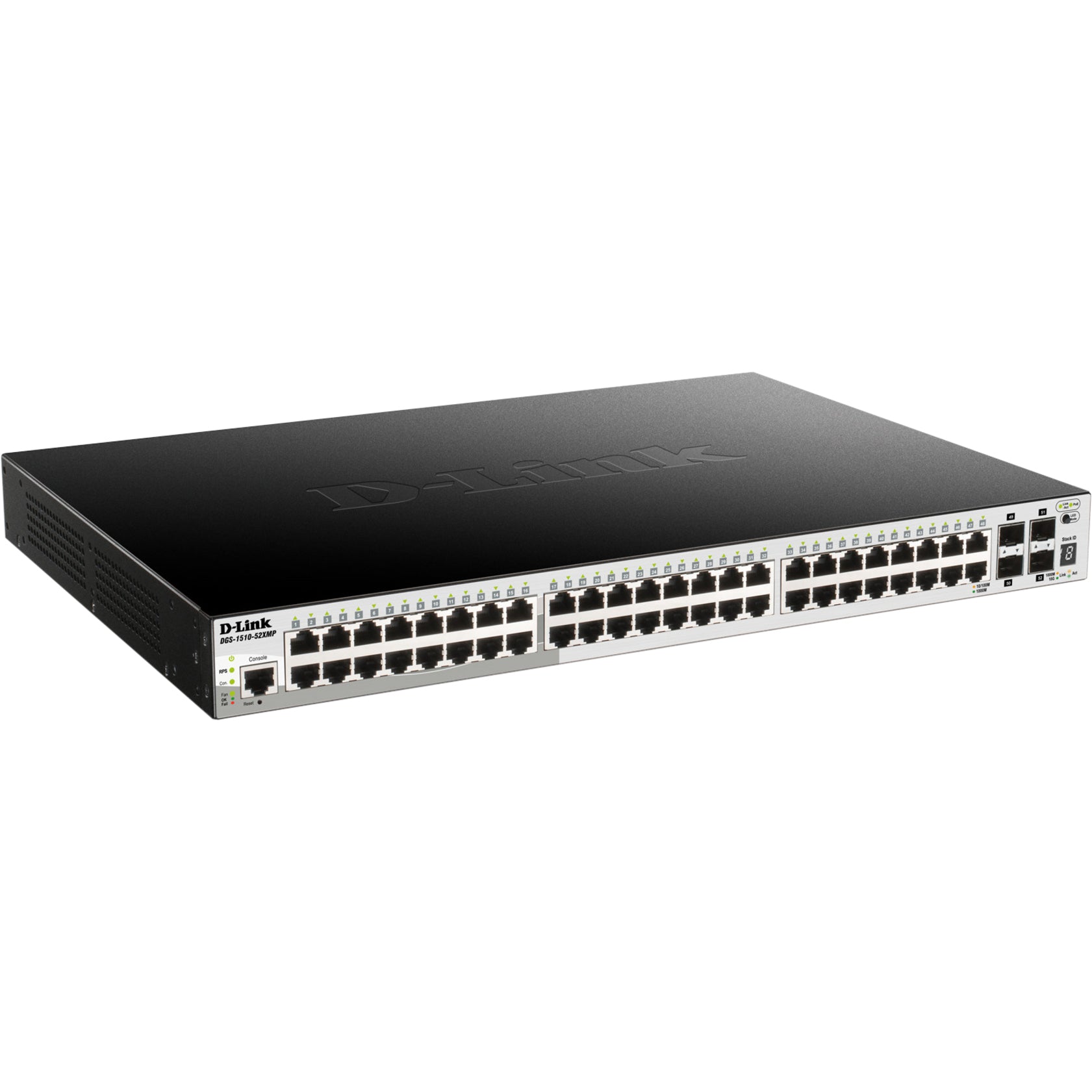 Angled view of D-Link DGS-1510-52X switch showing premium build quality and rack-mount design-alternate-image2