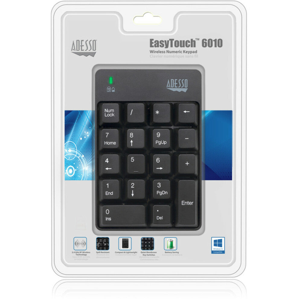 Retail packaging of Adesso WKB-6010UB wireless numeric keypad with feature highlights-alternate-image6