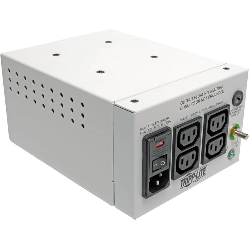 Front view of Tripp Lite IS300HGDV medical-grade isolation transformer showing power switch, four C13 outlets, and voltage selection controls