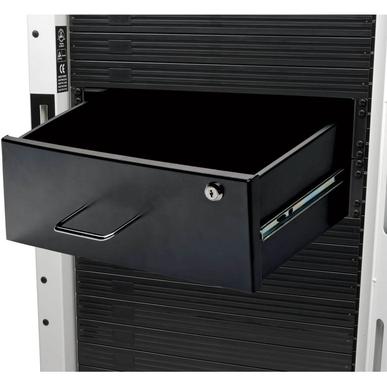 Tripp Lite SRDRAWER4U SmartRack 4U Locking Rack-Mount Storage Drawer 17.8" Depth 17.2" Width 7" Height Black Powder Coat  트립 라이트 SRDRAWER4U SmartRack 4U 잠금 랙 마운트 저장 서랍 17.8" 깊이 17.2" 너비 7" 높이 블랙 파우더 코트