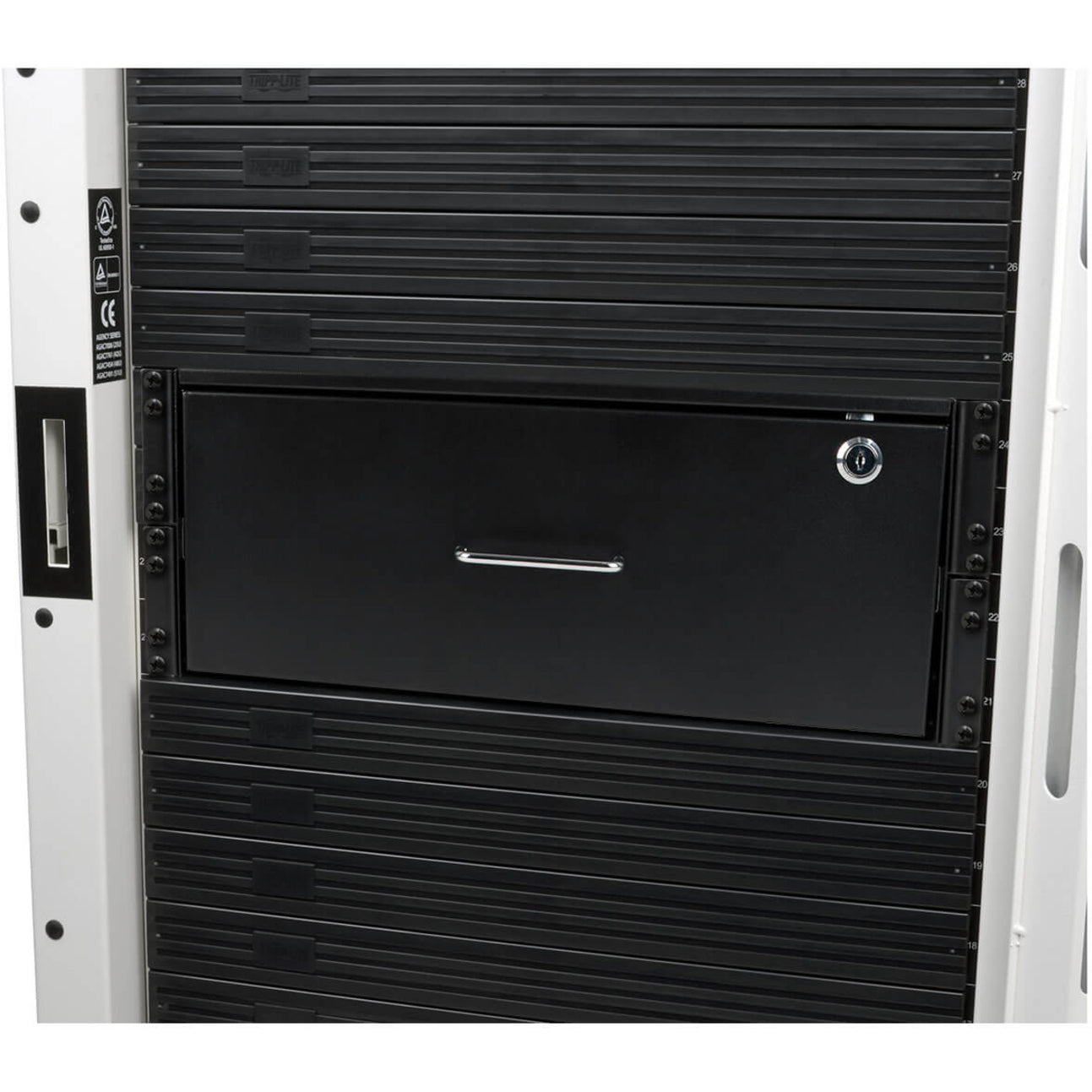 Tripp Lite SRDRAWER4U SmartRack 4U Locking Rack-Mount Storage Drawer 17.8" Depth 17.2" Width 7" Height Black Powder Coat  트립 라이트 SRDRAWER4U SmartRack 4U 잠금 랙 마운트 저장 서랍 17.8" 깊이 17.2" 너비 7" 높이 블랙 파우더 코트