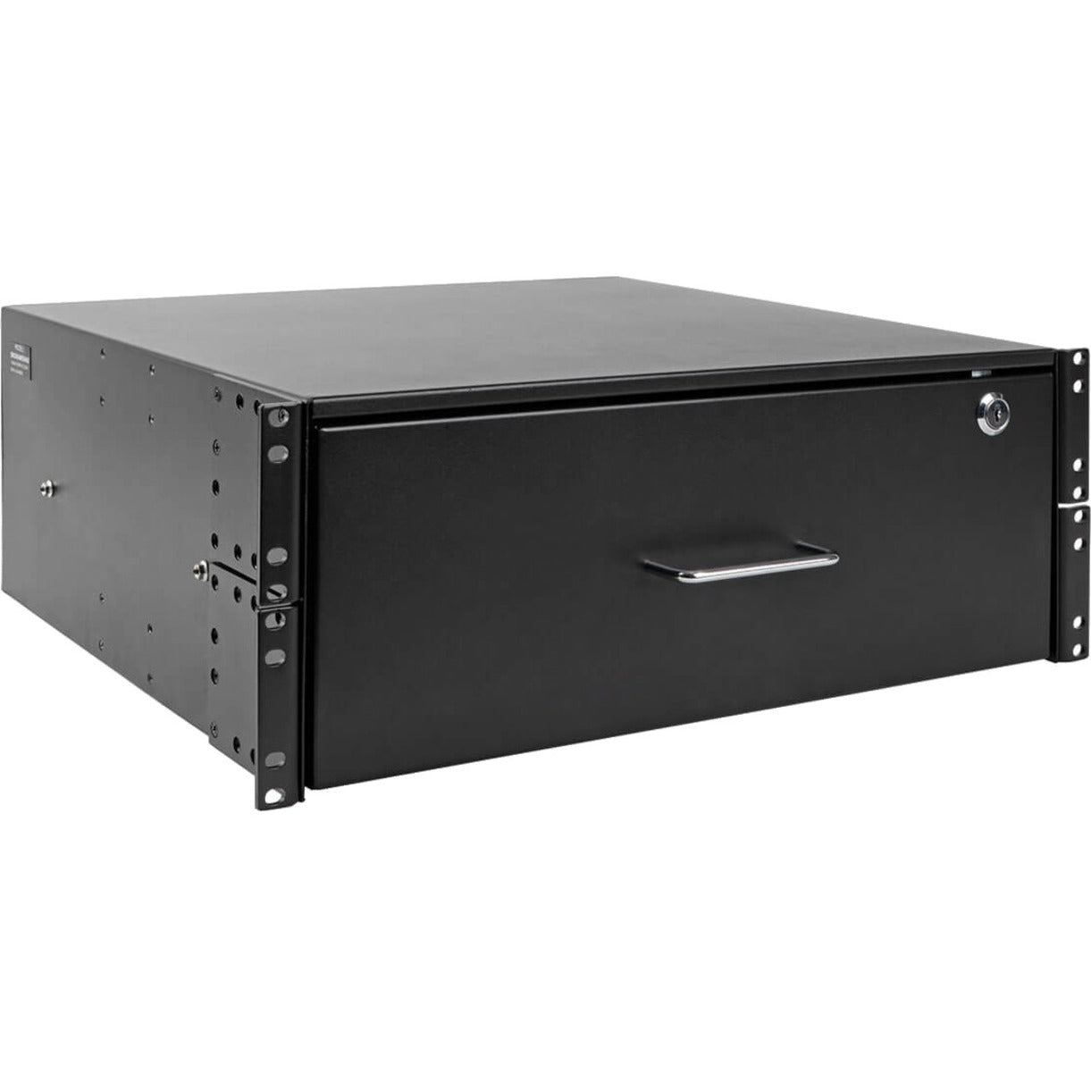 Front view of Tripp Lite SRDRAWER4U 4U rack-mount drawer with black powder coat finish and keyed lock-alternate-image1