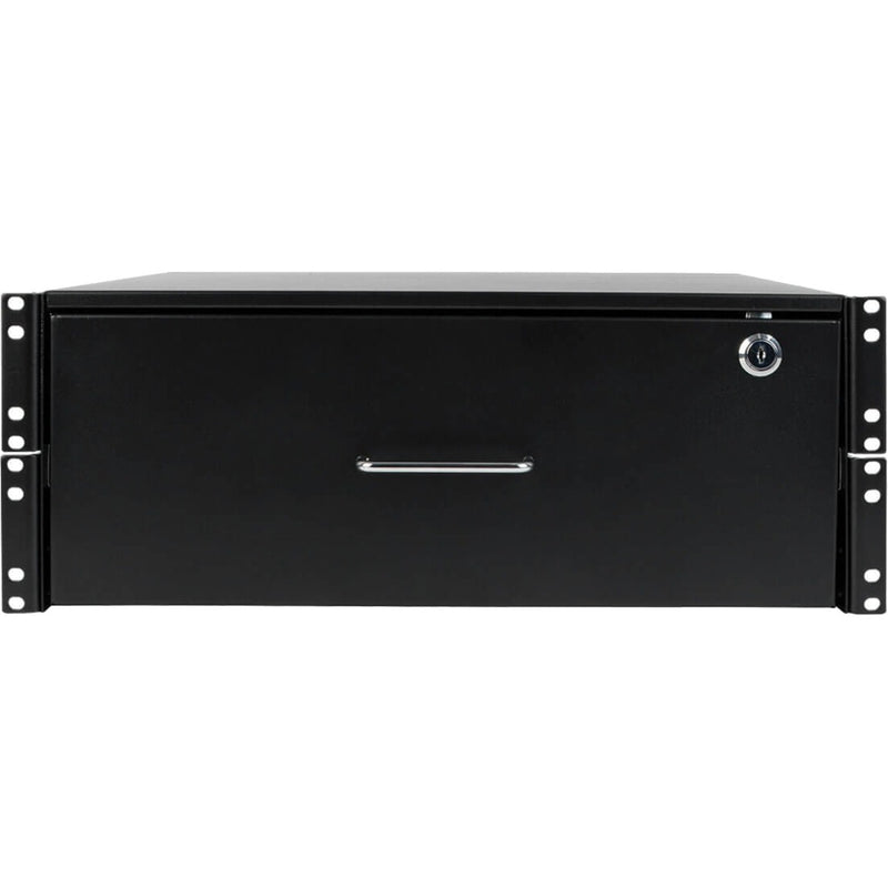 Front-facing view of 4U rack drawer showing sleek handle design and lock mechanism