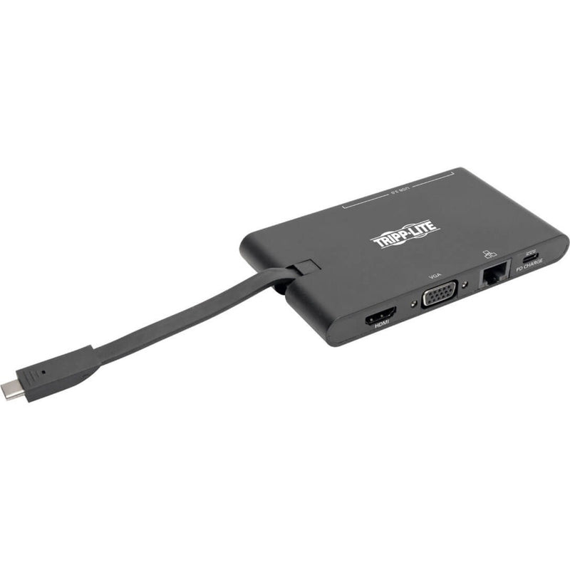 Side view of Tripp Lite USB-C docking station showing HDMI, VGA, and networking ports