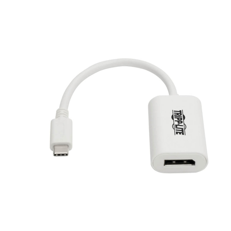 Angled view of white Tripp Lite USB-C to DisplayPort adapter showing compact design