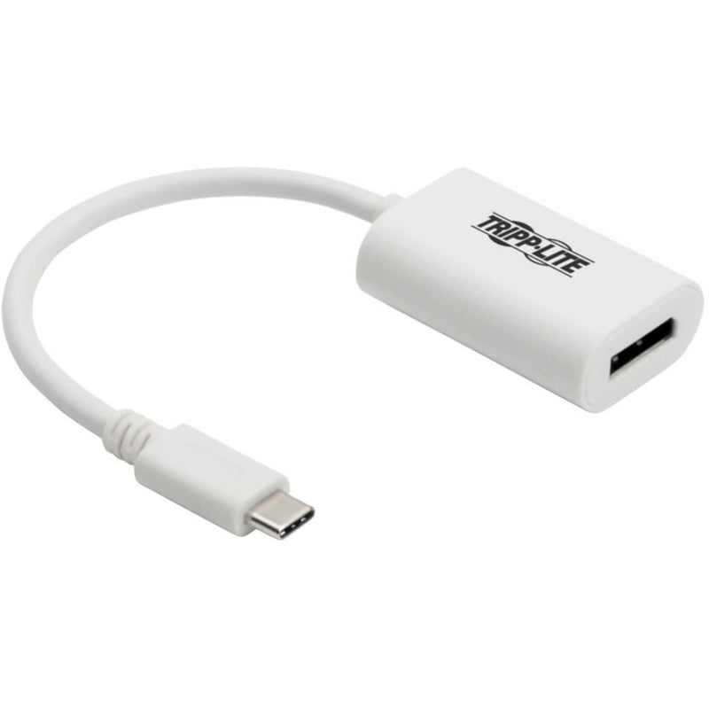 White Tripp Lite USB-C to DisplayPort adapter showing USB-C connector and DisplayPort output