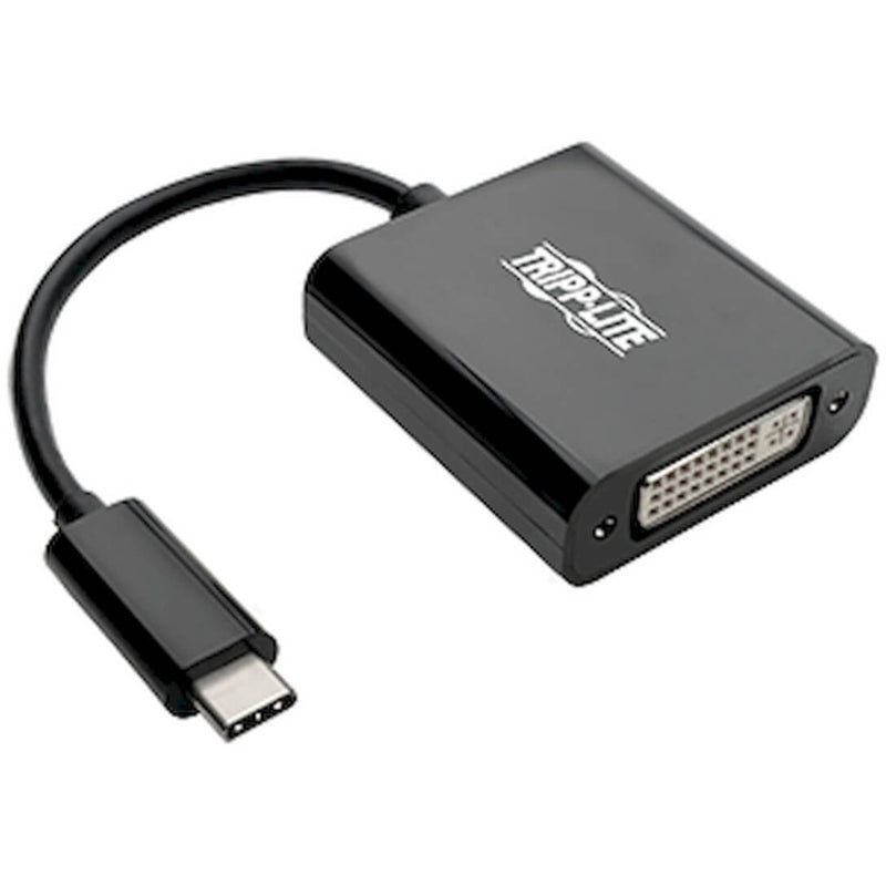 Tripp Lite USB-C to DVI adapter showing black housing and DVI female port connection