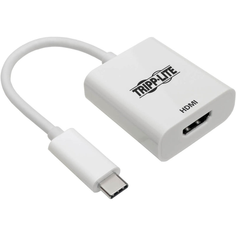 White Tripp Lite USB-C to HDMI adapter showing USB-C connector and HDMI port