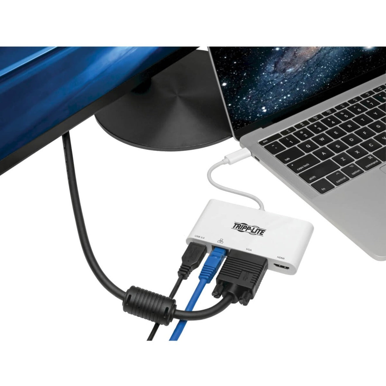 Tripp Lite USB-C adapter connected to laptop with multiple cables attached-alternate-image2