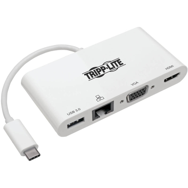 Angled view of white Tripp Lite USB-C multiport adapter showing all ports and branding