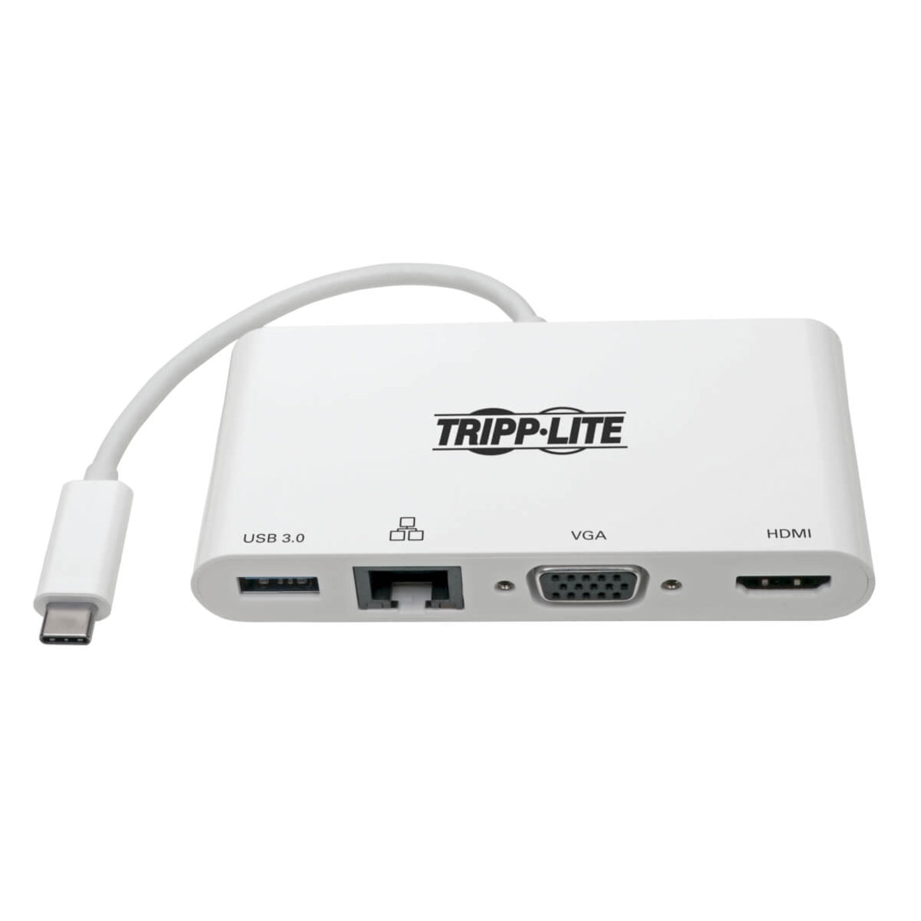 Angled perspective of Tripp Lite USB-C adapter displaying all available ports-alternate-image5