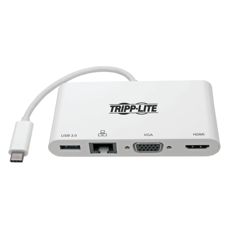 Angled perspective of Tripp Lite USB-C adapter displaying all available ports