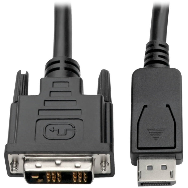 Close-up view of DisplayPort and DVI-D connectors on Tripp Lite P581-015 cable showing locking mechanisms