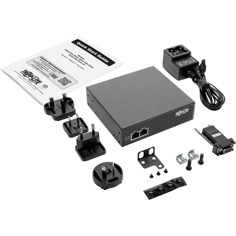 Complete package contents including console server, power adapters, mounting hardware, and documentation