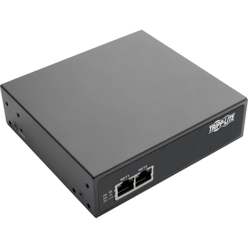 Top angled view of Tripp Lite console server showing dual Gigabit Ethernet ports