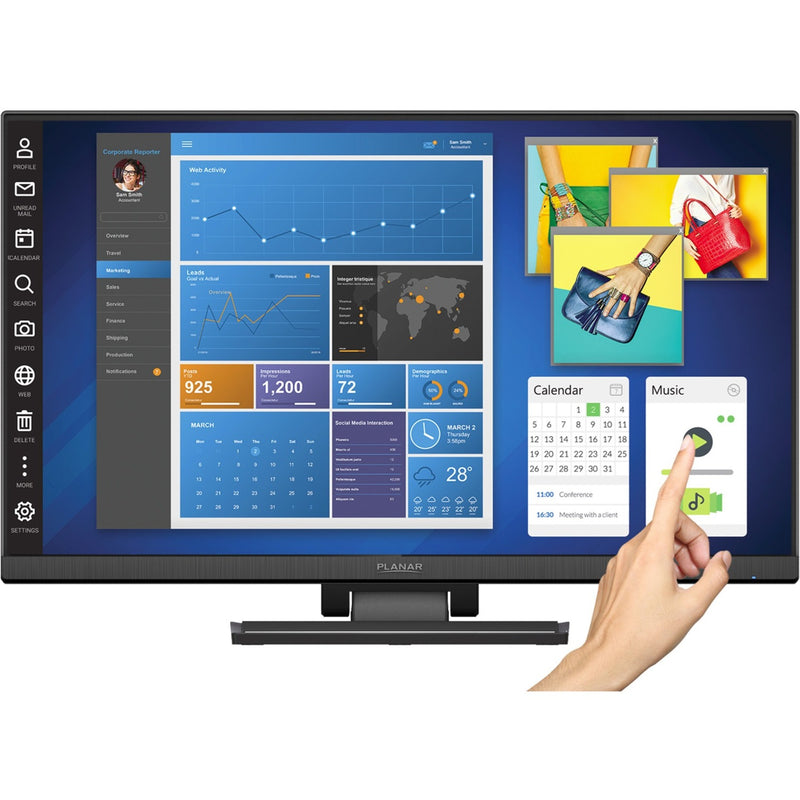 Planar Helium PCT2435 touchscreen monitor displaying business dashboard with analytics, calendar, and multimedia windows with hand demonstrating touch interaction