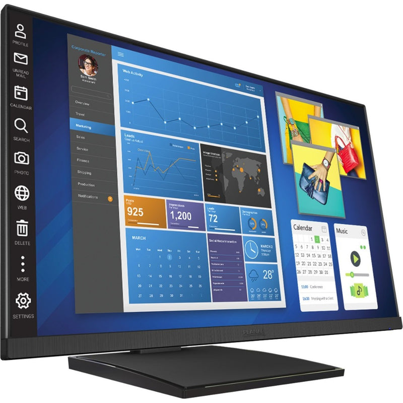 Side view of Planar Helium PCT2435 monitor showing adjustable stand and slim profile with business interface display