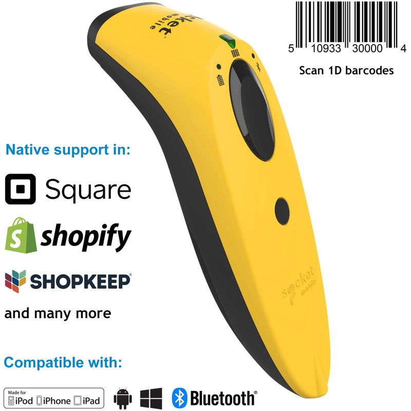 Yellow SocketScan S730 barcode scanner showing compatibility with Square, Shopify, and ShopKeep POS systems