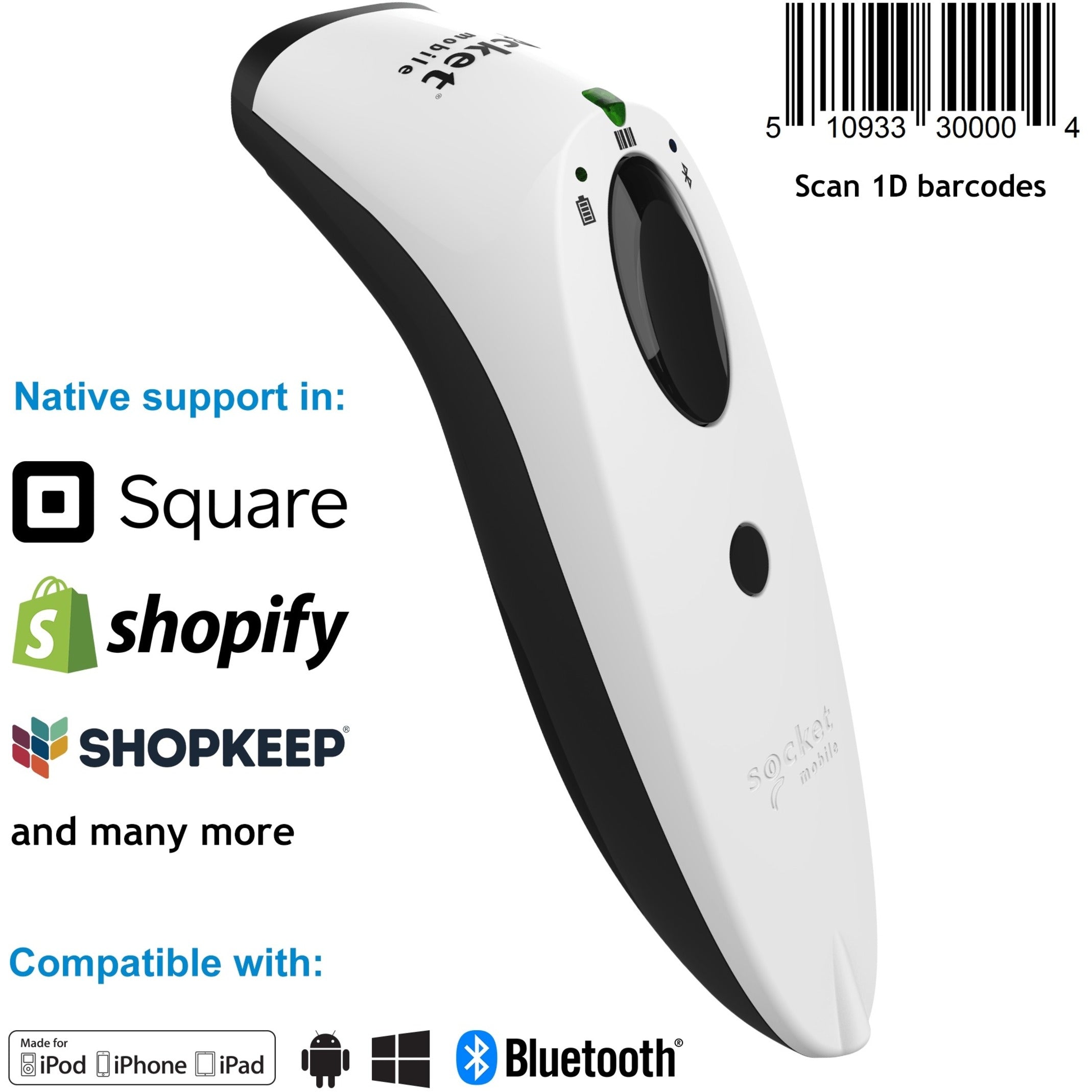 جهاز ماسح ضوئي للباركود بتقنية الليزر SocketScan S730 من سوكيت موبايل ، اللون الأبيض