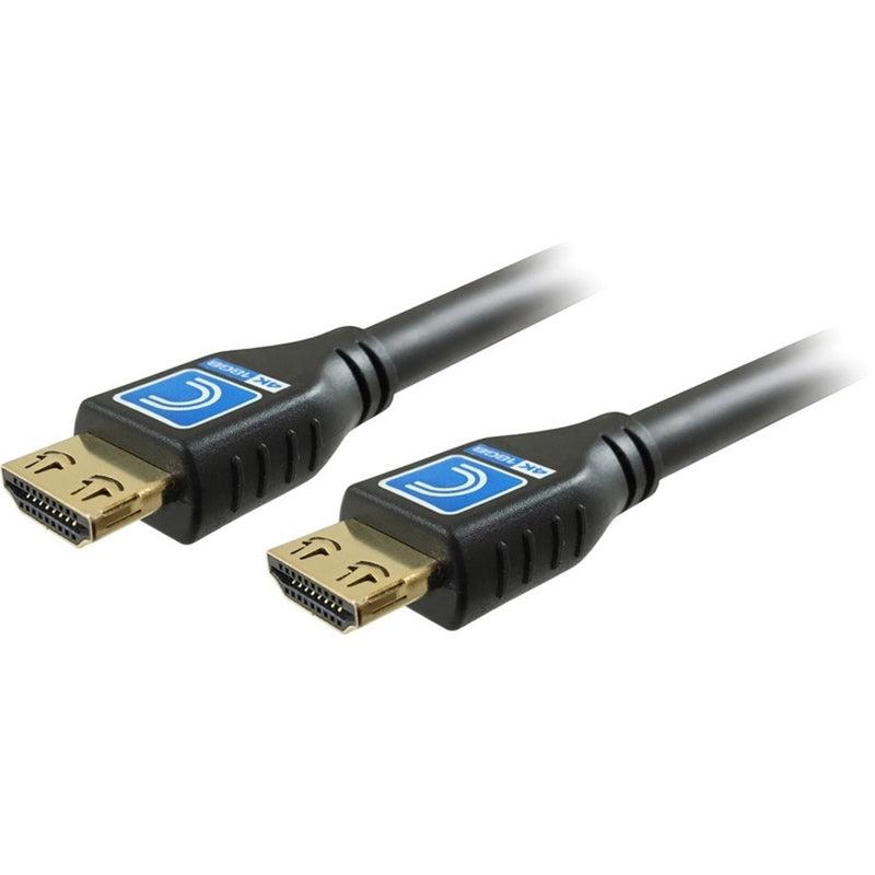 Close-up view of Pro AV/IT HDMI cable connectors showing gold-plated terminals and robust black housing with blue Comprehensive logo