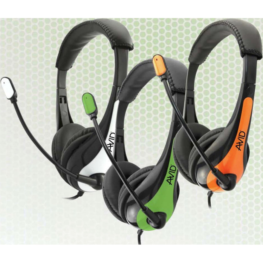 Three Avid AE-36 headsets displayed together in white, green, and orange color variants-alternate-image2