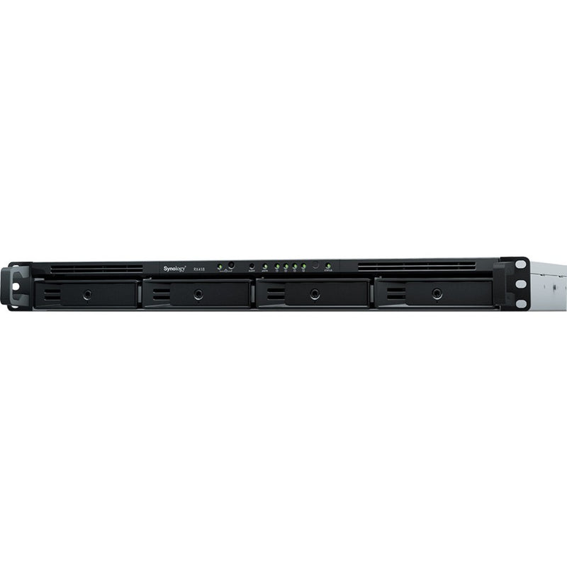 Front view of Synology RX418 1U rackmount expansion unit showing four drive bays and LED indicators