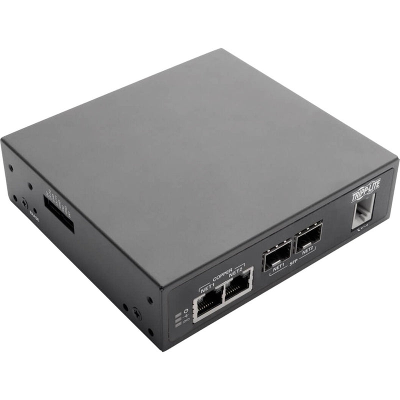 Front view of Tripp Lite B093-008-2E4U-M console server showing dual Ethernet ports and SFP interfaces