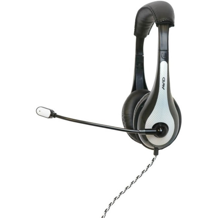 AVID AE-36 educational headset in white and black featuring padded ear cups, adjustable headband, and noise-cancelling boom microphone with braided cable-alternate-image1