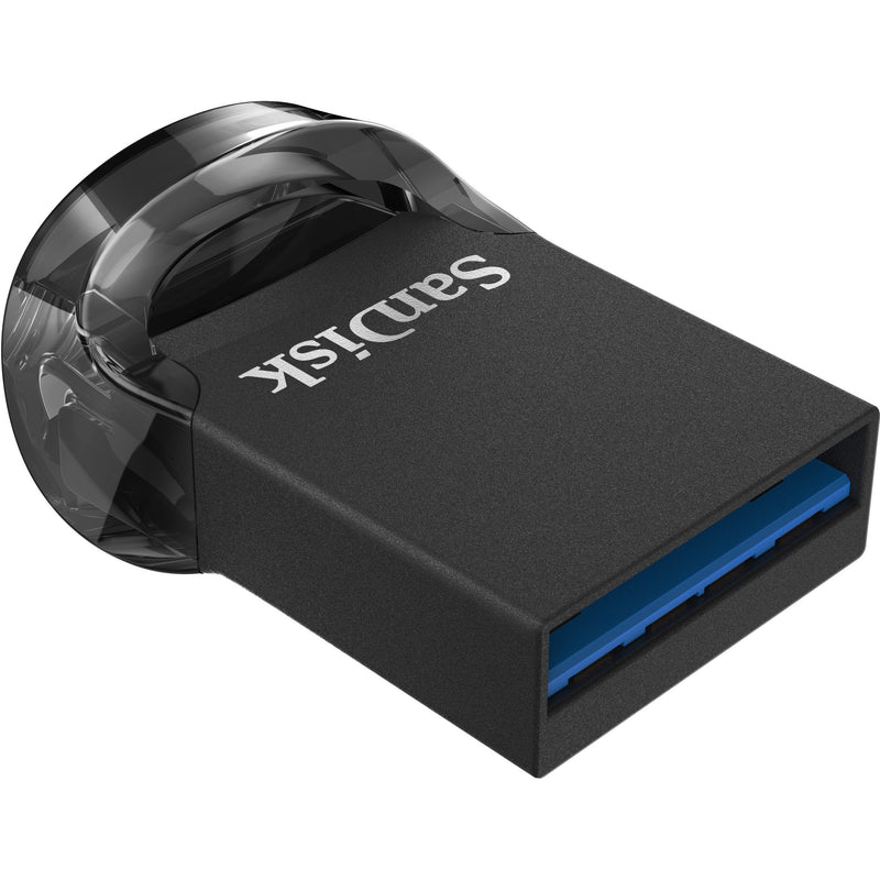 Close-up view of SanDisk Ultra Fit USB drive showing blue USB 3.1 port and compact profile