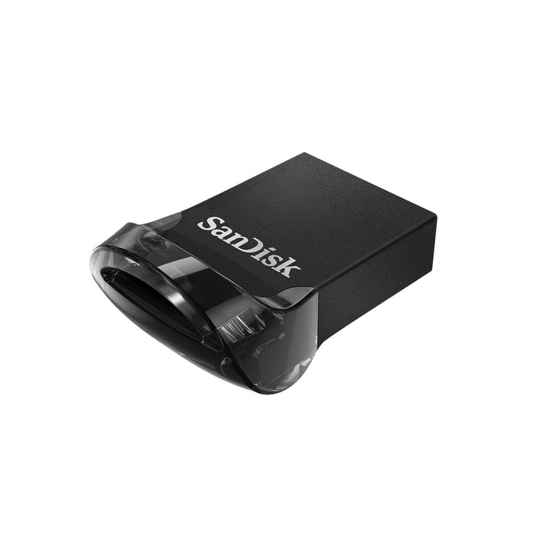 SanDisk Ultra Fit USB 3.1 flash drive shown in black with compact design and glossy finish