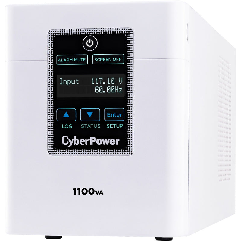 Angled perspective of CyberPower M1100XL medical UPS emphasizing stable design