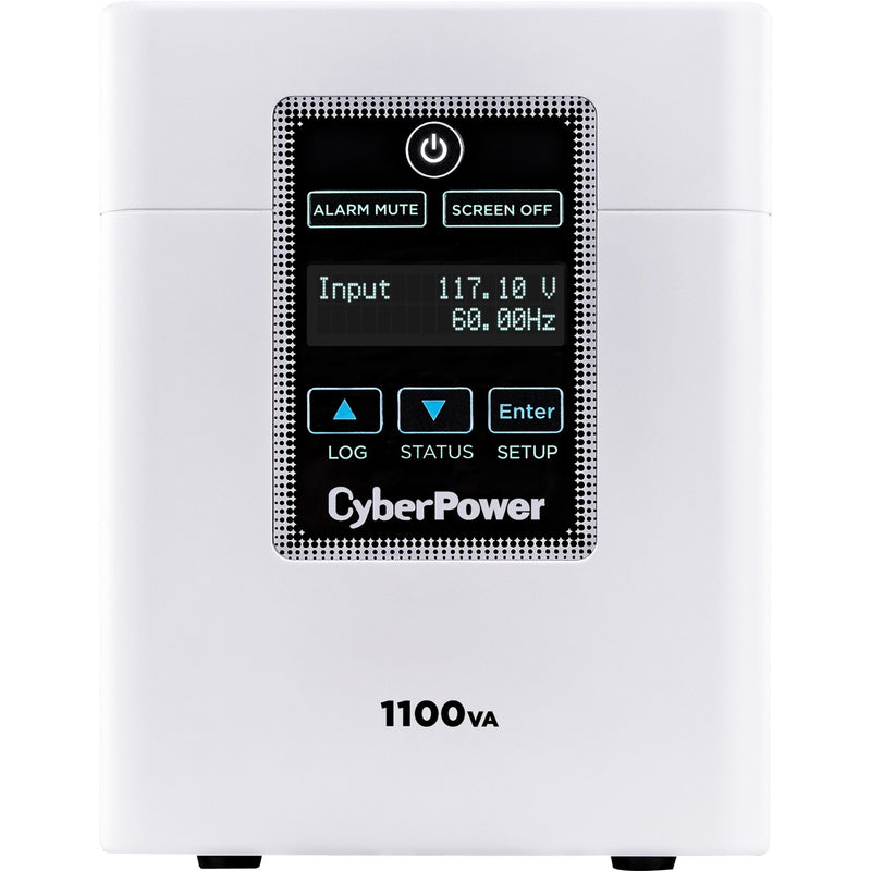 Front view of CyberPower M1100XL medical UPS showing LCD display panel with power readings and control buttons