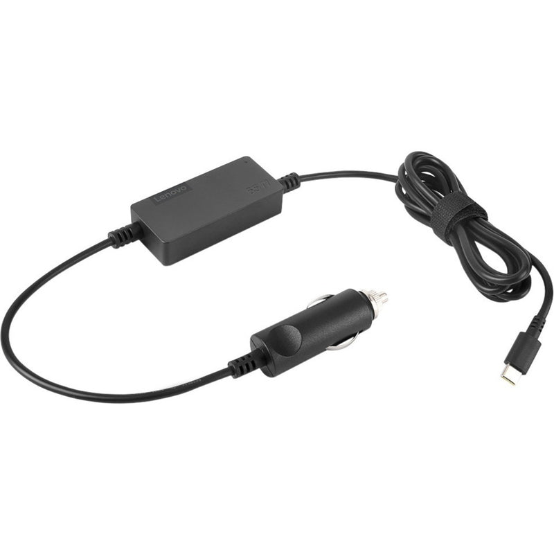 Lenovo 65W USB-C DC adapter showing main adapter unit and car charger connection with cable