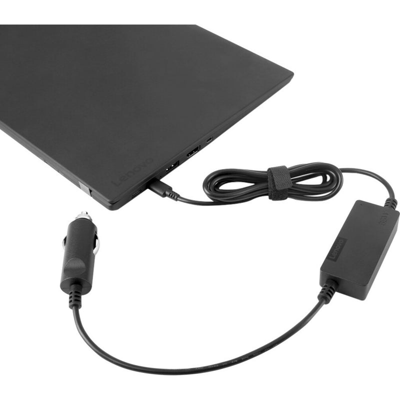 Lenovo DC adapter connected to laptop showing cable management and USB-C connection