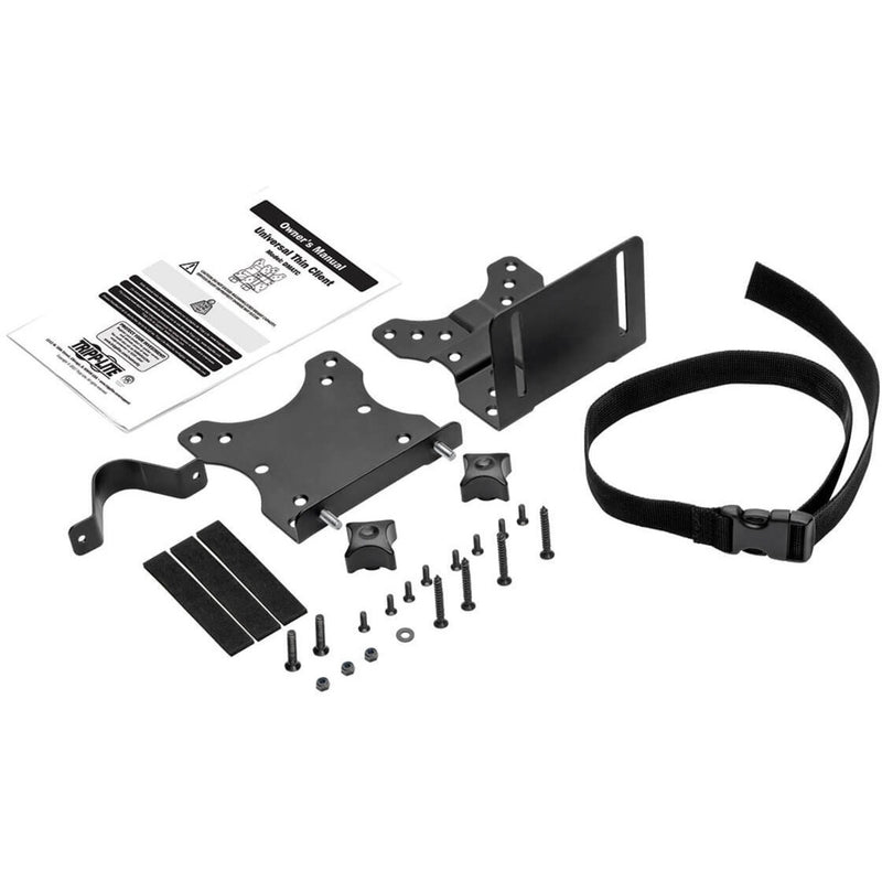 Complete component layout of thin client mount including hardware, straps, and manual