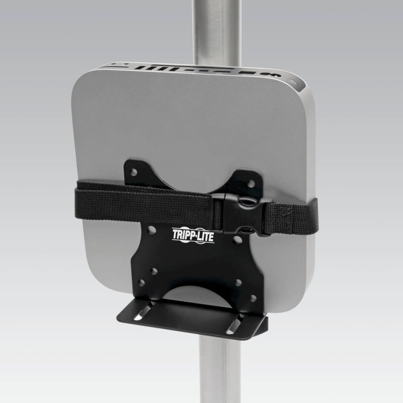 Thin client mount attached to a pole with security strap and Tripp Lite branding