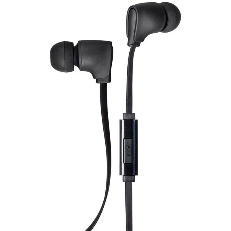 Front view of Monoprice earbuds showing both earpieces and inline control module