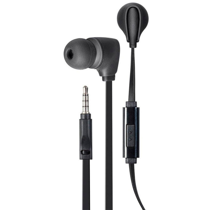 Black Monoprice earbuds showing angled earbud design with inline microphone and 3.5mm connector