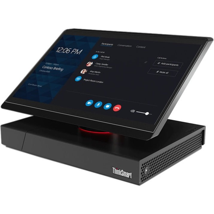 ThinkSmart Hub 500 showing rotatable display with Skype for Business interface and participant list