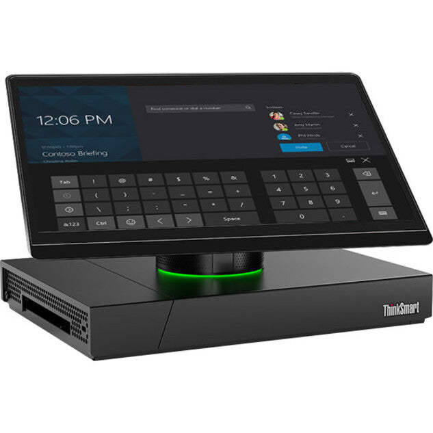 ThinkSmart Hub 500 showing split screen with virtual keyboard and meeting controls